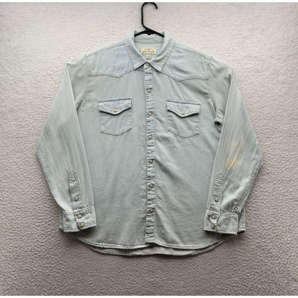 Lucky Brand Pearl Snap Shirt Womens Large L Distressed‎ Acid Wash Yoked Western
